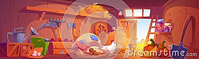 Farm barn inside with tools, crop and chicken. Vector Illustration