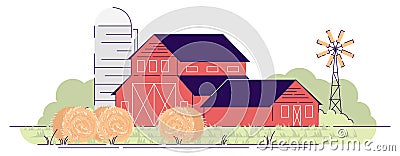 Farm barns with hay bales flat vector illustration. Village farmland, red rural ranch and backyard windmill. Country Vector Illustration