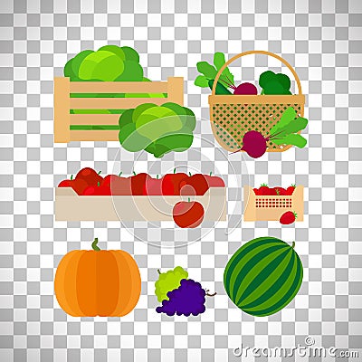 Farm baskets with vegetables and fruits Vector Illustration