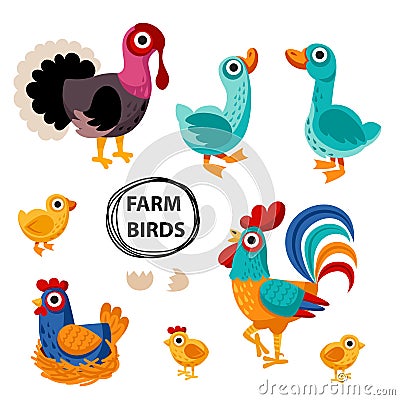 Farm birds family cartoon flat illustration Vector Illustration