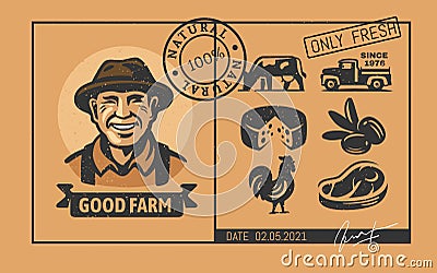 Farm black stickers with farmer and food Vector Illustration