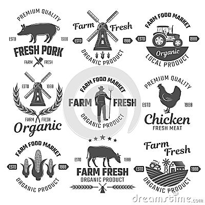 Farm Black White Emblems Vector Illustration