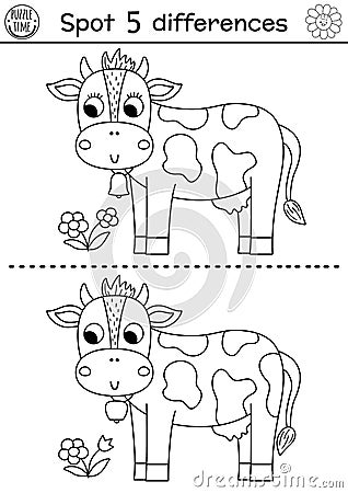 On the farm black and white find differences game for children. Educational line activity with cute cow and flower. Rural country Vector Illustration