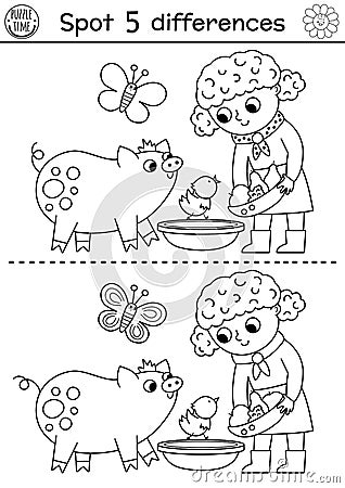 On the farm black and white find differences game for children. Educational line activity with cute girl feeding pig. Rural Vector Illustration