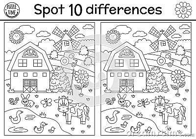 On the farm black and white find differences game for kids. Educational line activity with cute rural village landscape. Vector Illustration