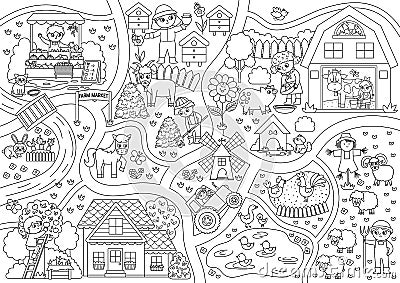 Farm black and white village map. Country life outline background. Vector rural area scene with animals, farmers, barn, tractor. Vector Illustration