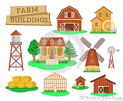 Farm buildings and constructions flat infographic elements Vector Illustration