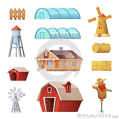 Farm buildings and constructions set. Agriculture industry and countryside life objects. Vector cartoon concept design Vector Illustration