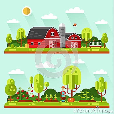 Farm buildings and garden Vector Illustration