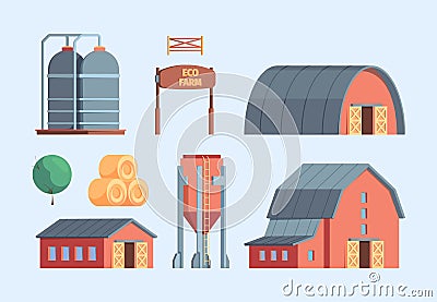 Farm buildings. Rural constructions agricultural objects ranch warehouse wooden house windmill chicken coop garish Vector Illustration