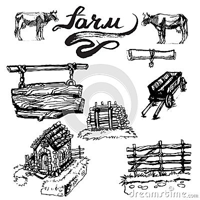 farm buildings vectors, drawing, house, wood Vector Illustration