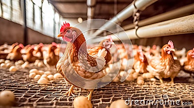 Farm, chicken factory and feed in barn or warehouse, agriculture and industrial meat farming or sustainable. Stock Photo