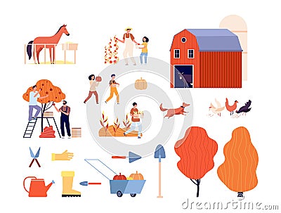 Farm collection. Animals, farmers harvesting garden. Isolated rural ranch elements, autumn agriculture fields. Plants Vector Illustration