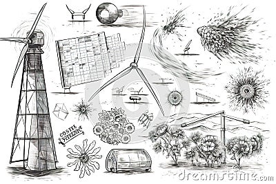 farm country side sketch with plants shrubs and wind mill. Generative AI Stock Photo