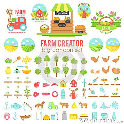 Farm creator. Big set of vector farming elements and animals background. Cartoon illustartion Vector Illustration