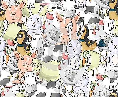 Farm animals collection seamless pattern with cow, hen, pig, sheep, rabbit, quail. Cartoon vector characters Stock Photo