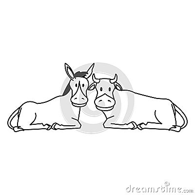 Farm cute mammals animals cartoon in black and white Vector Illustration