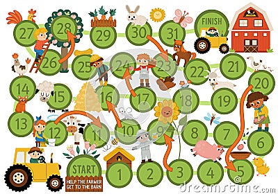 Farm dice board game for children with cute animals and kids farmers. Countryside boardgame with tractor, animals. Rural country Vector Illustration