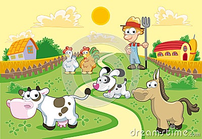 Farm Family with background. Vector Illustration