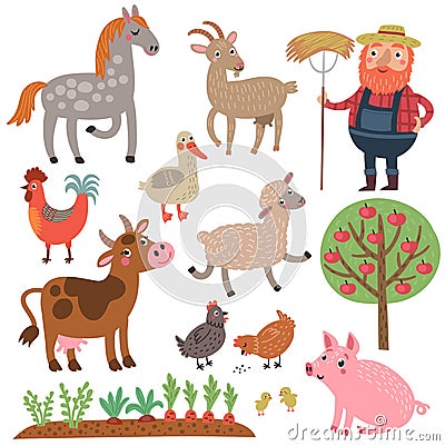 Farmer and animals. Farm. Vector set of characters Stock Photo