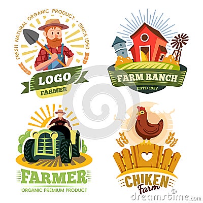 Farm and farmer labels, organic food bio products Stock Photo