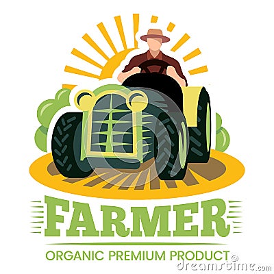 Farm and farmer, organic product premium label Vector Illustration