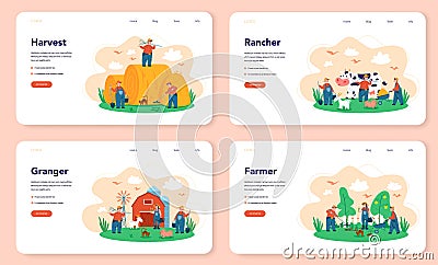 Farm, farmer web banner or landing page set. Farmers working on the Vector Illustration