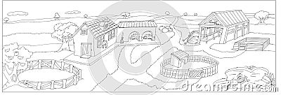 farm with farmhouse, lake, apple tree, horse stable, barn,chine drawn by color Cartoon Illustration