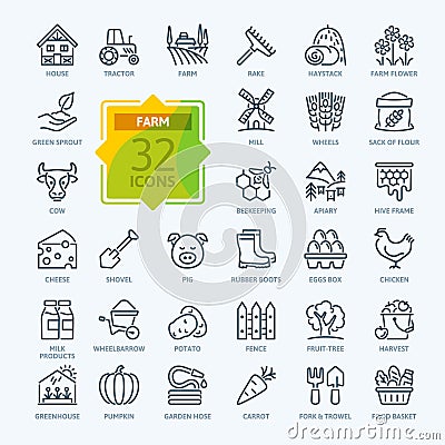 Farm, Farming, Agriculture - thin line web icon set. Contains such Icons as Greenhouse, Haystack, Harvest and more. Vector Illustration