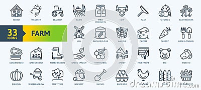 Farm, Farming, Agriculture - thin line web icon set. Contains such Icons as Greenhouse, Haystack, Harvest and more. Vector Illustration