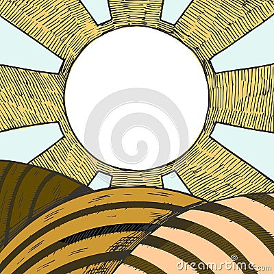 Farm field with sun in the sky Vector Illustration