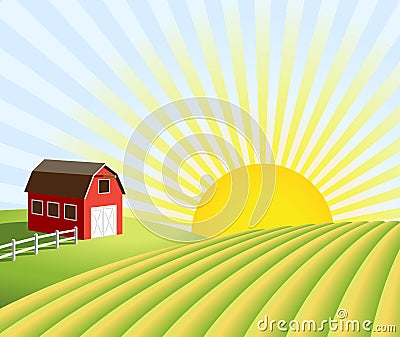 Farm and fields at sunrise Vector Illustration