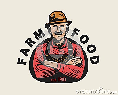 Farm food logo. Farmer, organic products emblem vector illustration Vector Illustration