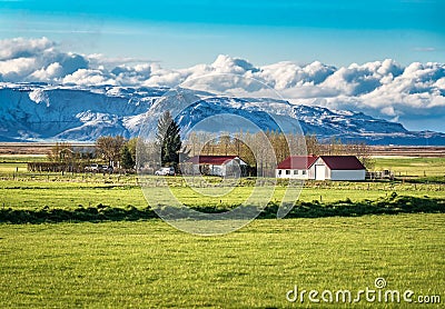 Farm at the foot of the huge glacier Stock Photo