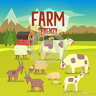 Farm Frenzy Illustration With Field Full Of Animals Stock Photo