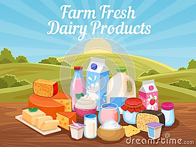 Farm fresh dairy products. Natural cow milk, cheese and yogurt in rural landscape with countryside field. Village Vector Illustration