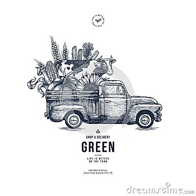 Farm fresh delivery design template. Classic vintage pickup truck with organic vegetables and a cow. Vector Illustration
