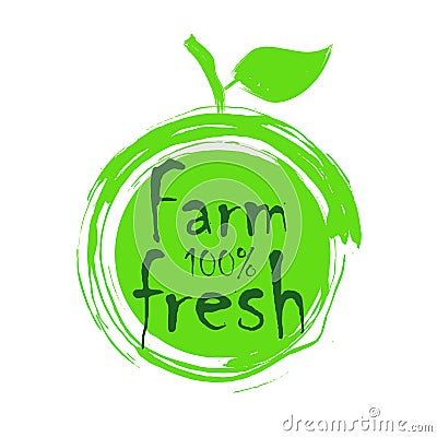 Farm fresh hand drawn logos. Green, brown and black colors. Circle, rectangular with rough edge background Vector Illustration