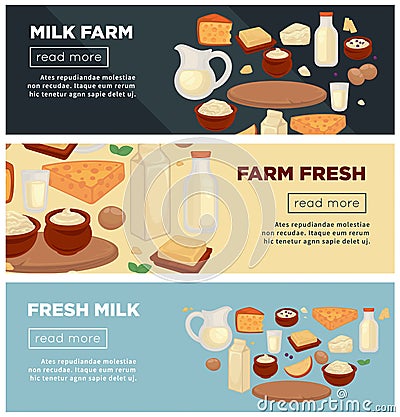 Farm of fresh milk promotional Indernet banners set Vector Illustration