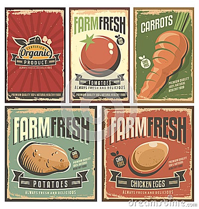 Farm fresh organic products retro tin signs collection Vector Illustration