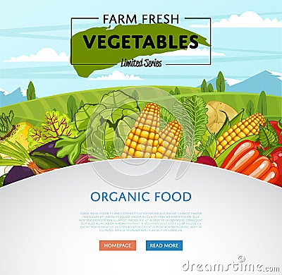 Farm fresh vegetable banner with rural landscape Vector Illustration