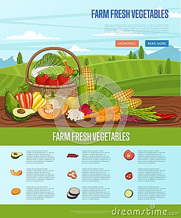 Farm fresh vegetable banner with rural landscape Vector Illustration