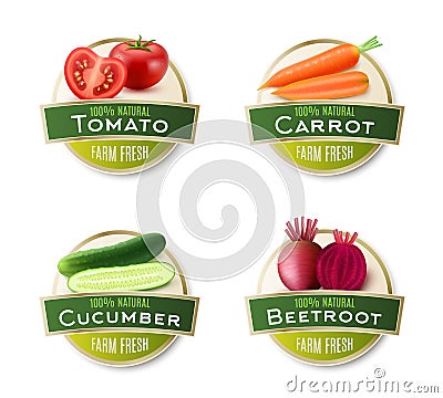 Farm Fresh Vegetables Round Labels Collection Vector Illustration