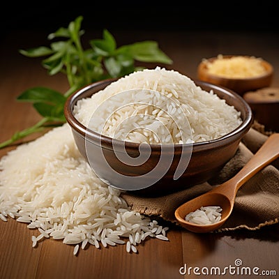 Farm freshness Jasmine white rice in wooden bowl exudes natural charm Stock Photo