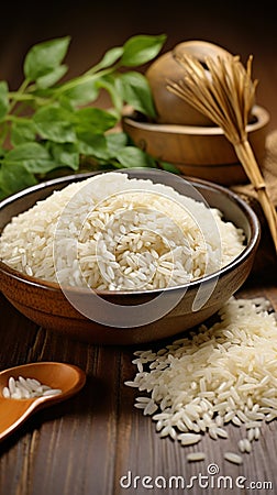 Farm freshness Jasmine white rice in wooden bowl exudes natural charm Stock Photo