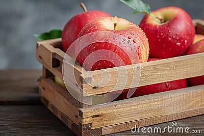 Farm freshness Wooden box with apple and open creative possibilities Stock Photo