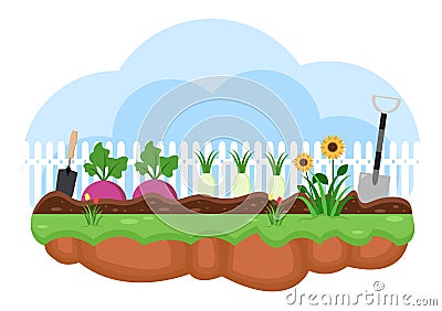 Farm Gardener Background Vector Illustration With A Landscape Of Gardens, Flowers, Vegetables Planted, Wheelbarrow, Shovel And Vector Illustration