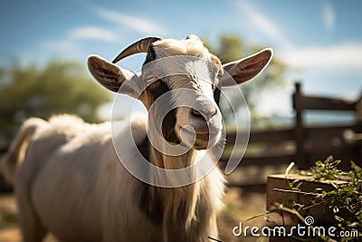Farm Grazing Goat in the sunlit farm, enjoying a beautiful day Stock Photo