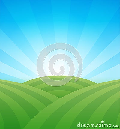 Farm green fields with hills under blue clear summer sky - Vector illustration. Vector Illustration