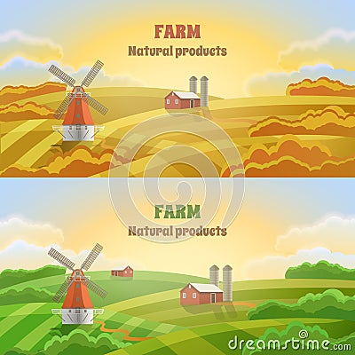 Farm green fields. Rural landscape with a mill. Vector Illustration